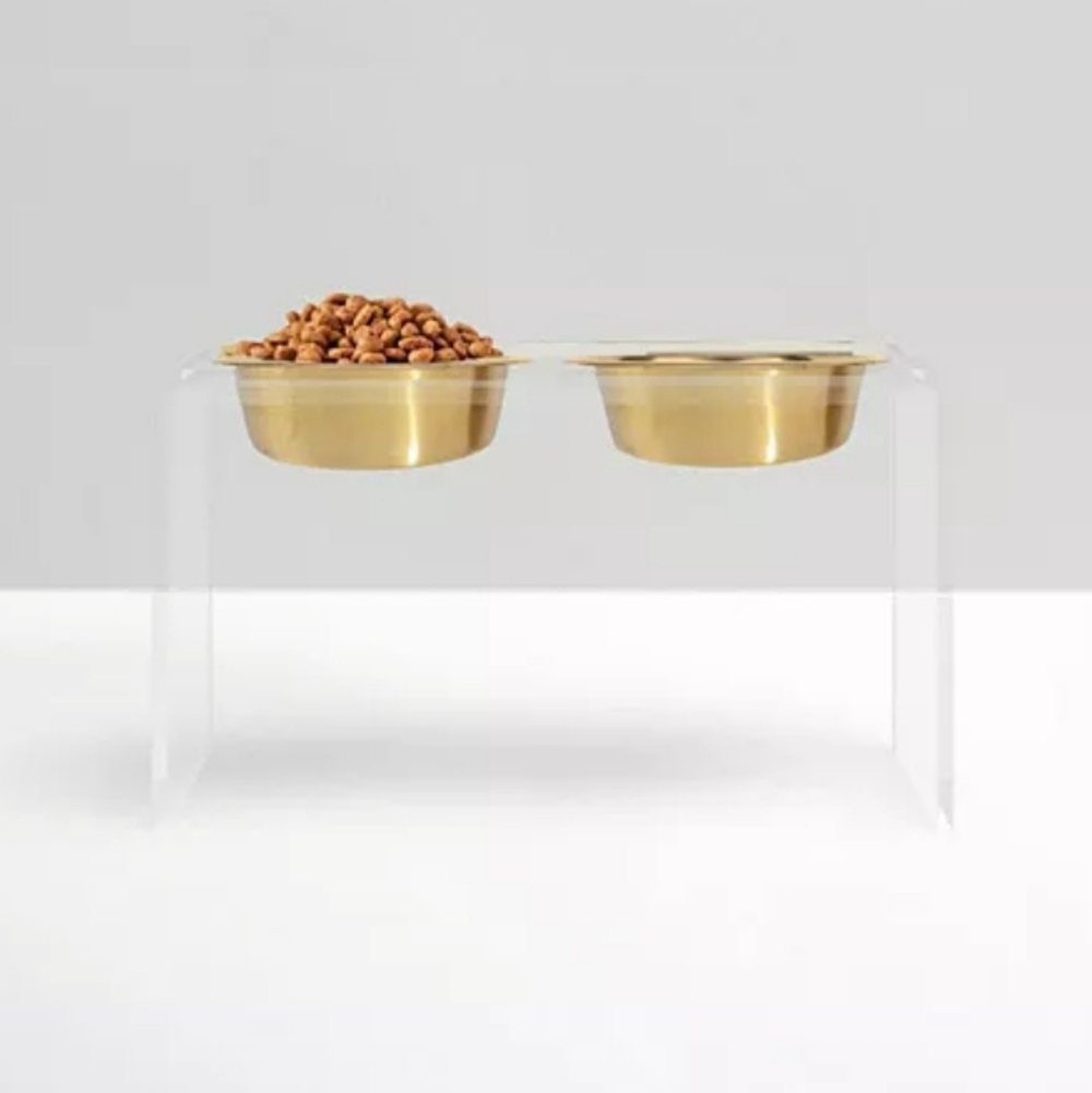 NWT Tall Double Bowl Pet Feeder Gold Metal Bowls For Large Dog